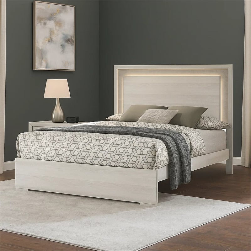 Nomi King Size Bed w LED on Headboard-Antique White Wash Finsih