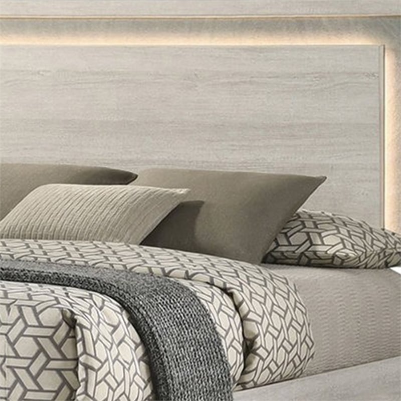 Nomi King Size Bed w LED on Headboard-Antique White Wash Finsih