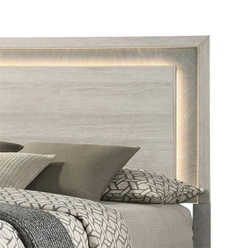 Nomi King Size Bed w LED on Headboard-Antique White Wash Finsih