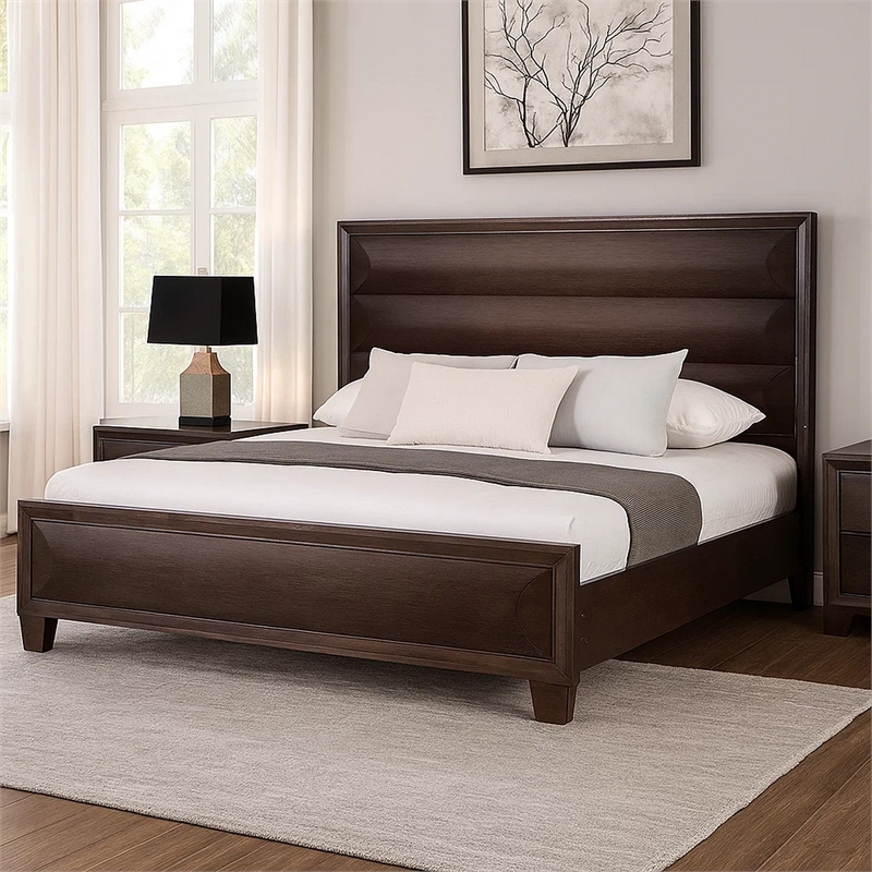 Nitz King Bed-Paneled Headboard with Beveled Fronts-Espresso Brown Wood