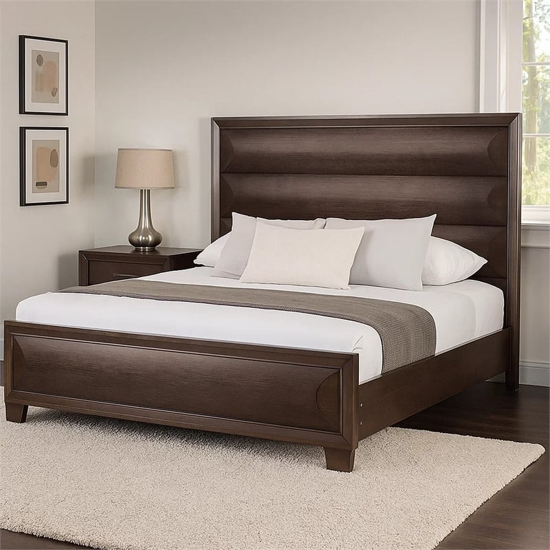 Nitz King Bed-Paneled Headboard with Beveled Fronts-Espresso Brown Wood