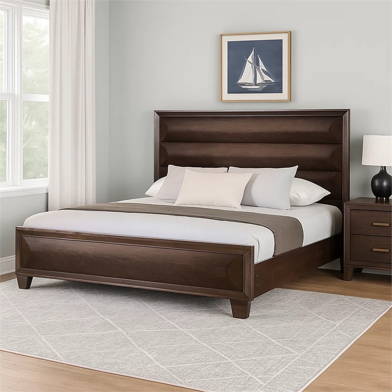 Nitz Queen Bed-Paneled Headboard with Beveled Fronts-Espresso Brown Wood