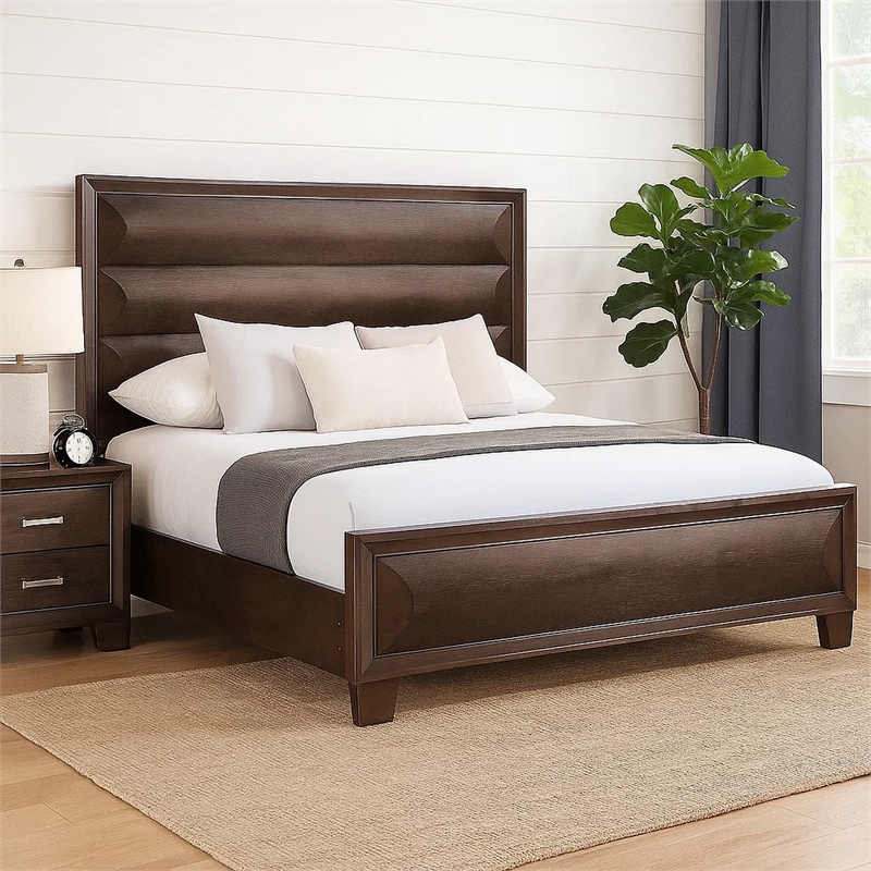 Nitz Queen Bed-Paneled Headboard with Beveled Fronts-Espresso Brown Wood