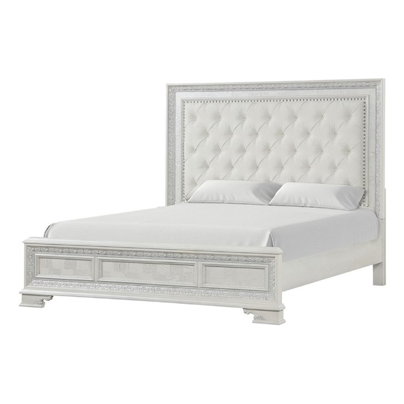 Miamy Queen Bed-Creamy White Wood-Panel Design-Silver Brushed Accents
