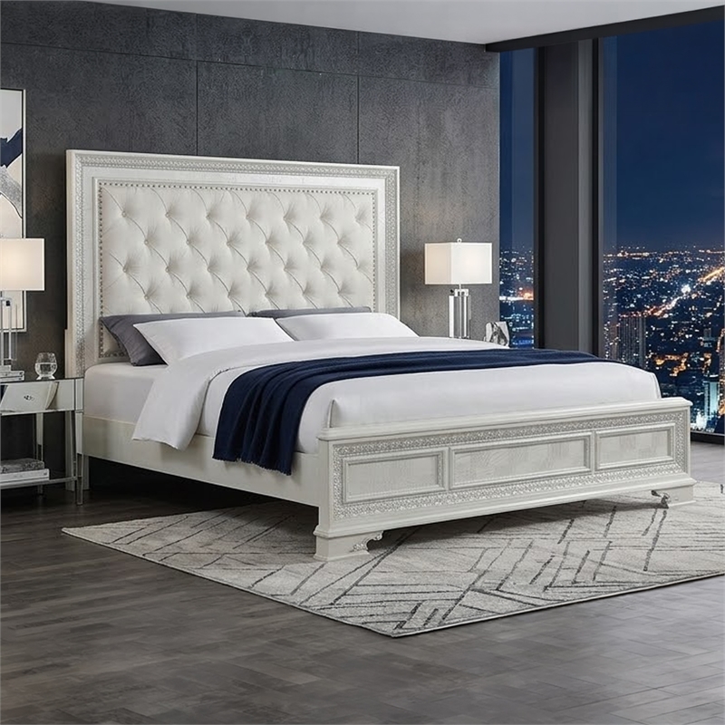 Miamy Queen Bed-Creamy White Wood-Panel Design-Silver Brushed Accents