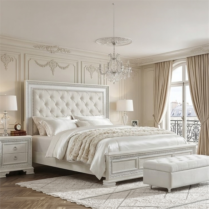 Miamy Queen Bed-Creamy White Wood-Panel Design-Silver Brushed Accents