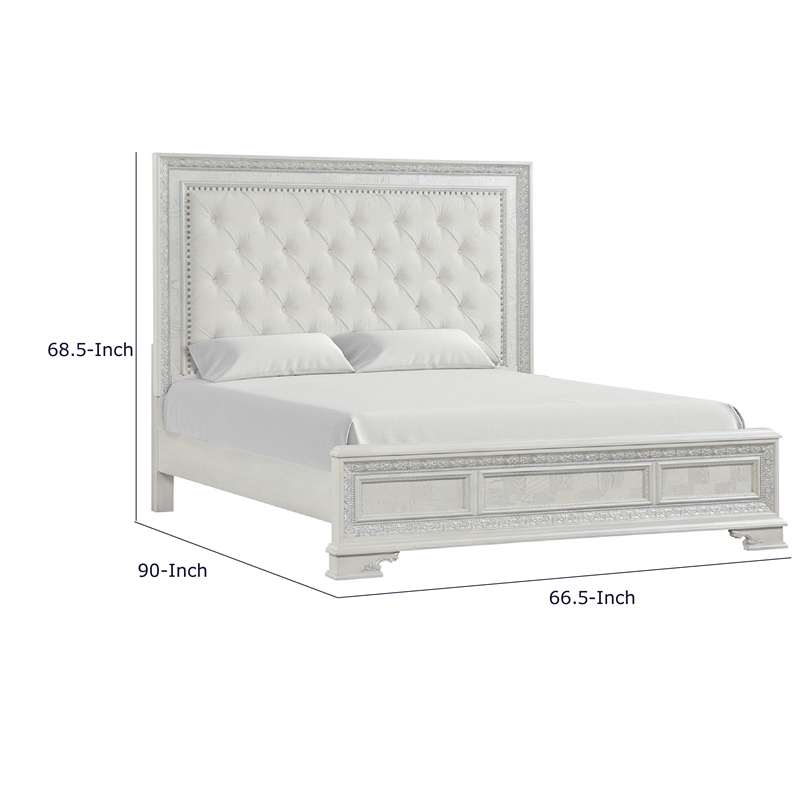 Miamy Queen Bed-Creamy White Wood-Panel Design-Silver Brushed Accents