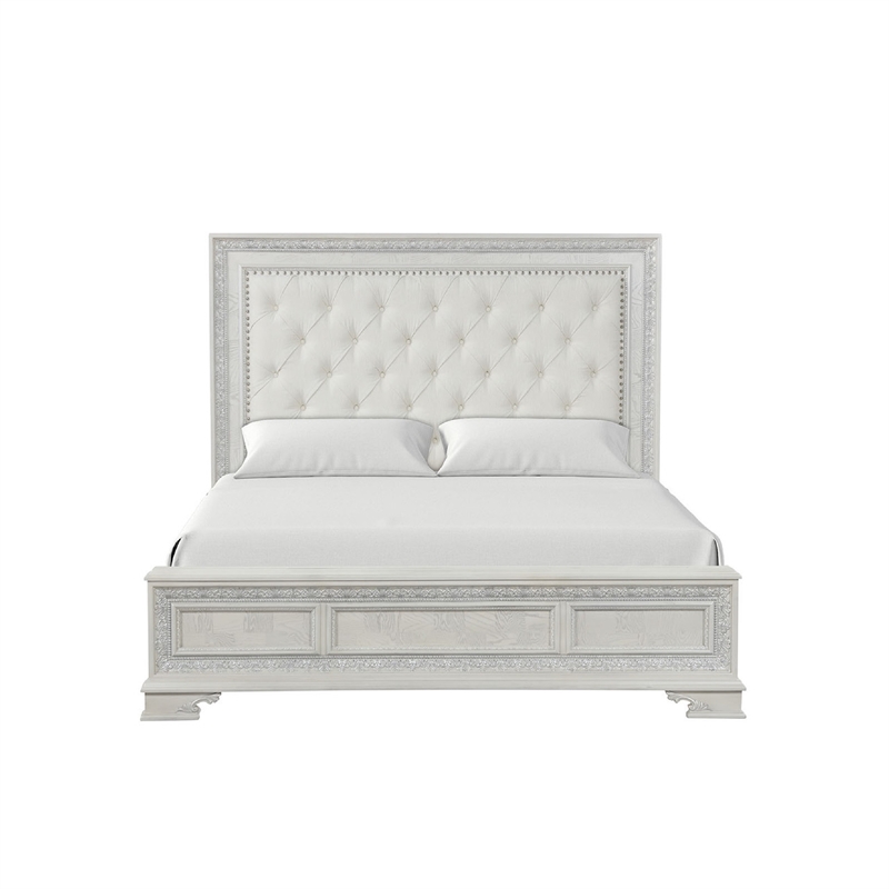 Miamy Queen Bed-Creamy White Wood-Panel Design-Silver Brushed Accents