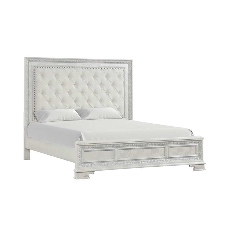 Miamy Queen Bed-Creamy White Wood-Panel Design-Silver Brushed Accents