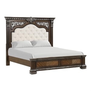 Naddy Queen Bed-White Fabric Pleated Upholstery-Espresso Brown Wood