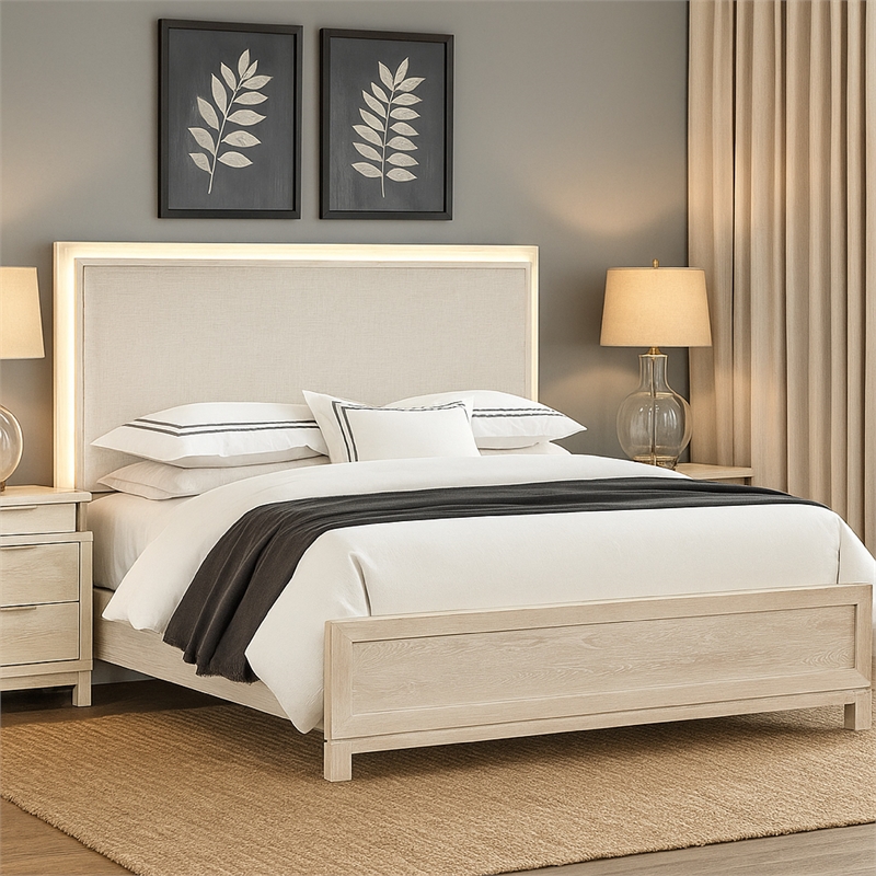 Loji King Bed-Upholstered Headboard with LED-Weathered Gray Wood