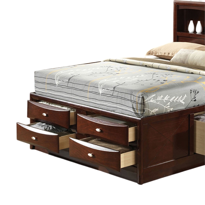Simo Queen Bed-Bookcase Headboard-Footboard and Rail Drawers-Brown