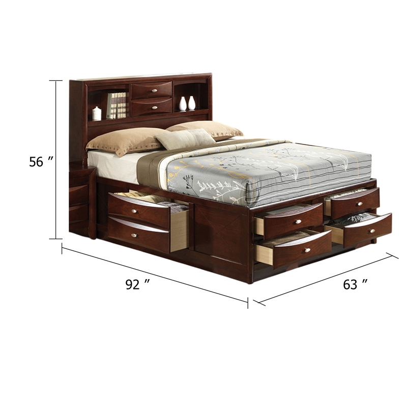 Simo Queen Bed-Bookcase Headboard-Footboard and Rail Drawers-Brown