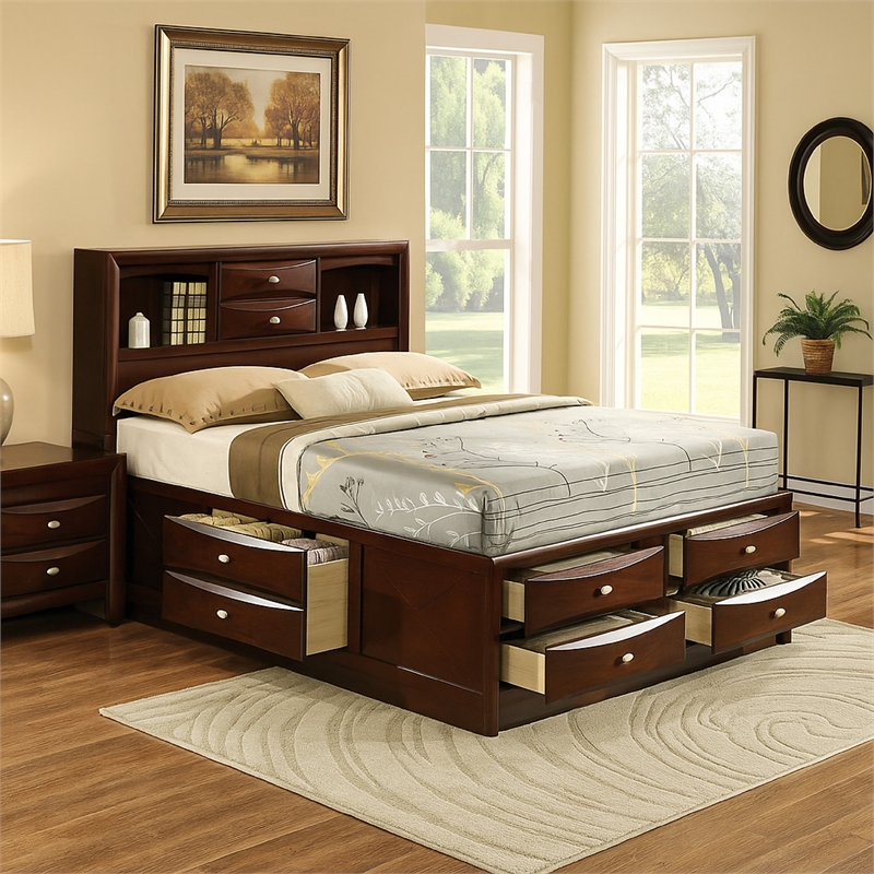 Simo Queen Bed-Bookcase Headboard-Footboard and Rail Drawers-Brown