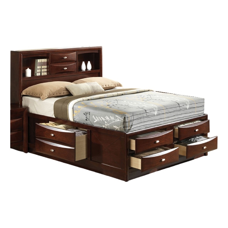 Simo Queen Bed-Bookcase Headboard-Footboard and Rail Drawers-Brown