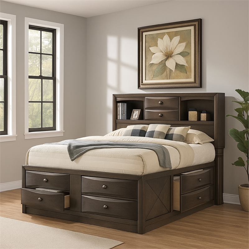 Simo King Bed-Bookcase Headboard-Storage Drawers-Gray