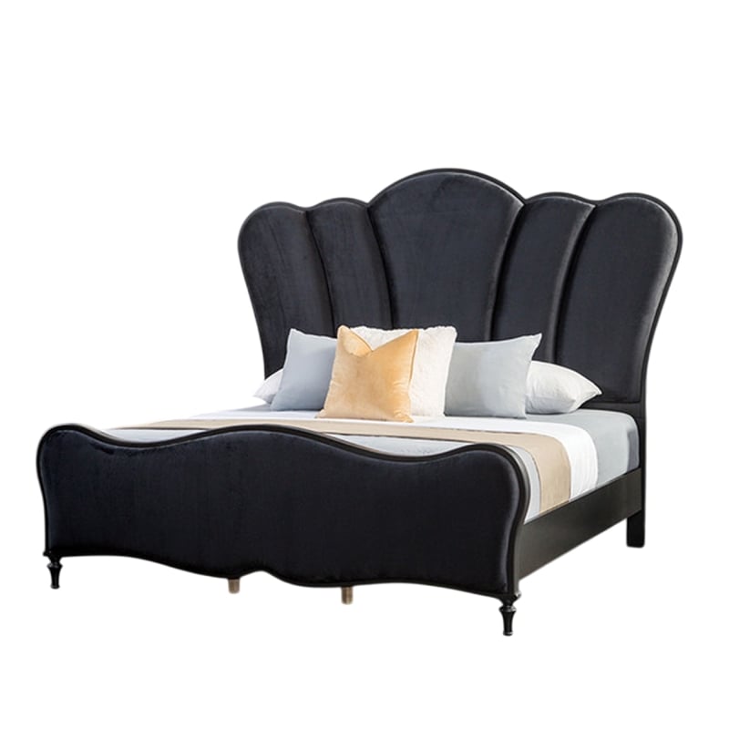 Eleena King Bed-Scalloped Padded Channel Tufting-Black Upholstery