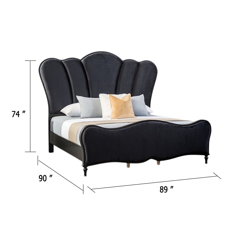 Eleena King Bed-Scalloped Padded Channel Tufting-Black Upholstery