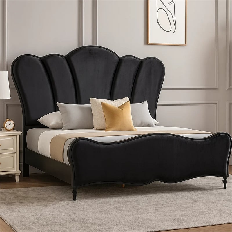 Eleena King Bed-Scalloped Padded Channel Tufting-Black Upholstery