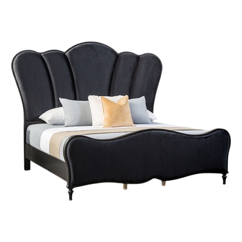 Eleena King Bed-Scalloped Padded Channel Tufting-Black Upholstery