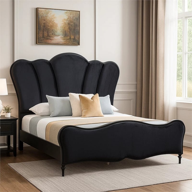 Eleena Queen Bed-Scalloped Padded Channel Tufting-Black Upholstery