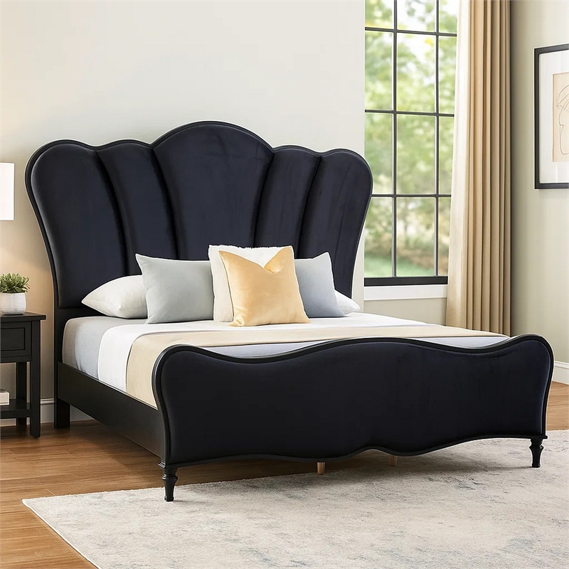 Eleena Queen Bed-Scalloped Padded Channel Tufting-Black Upholstery