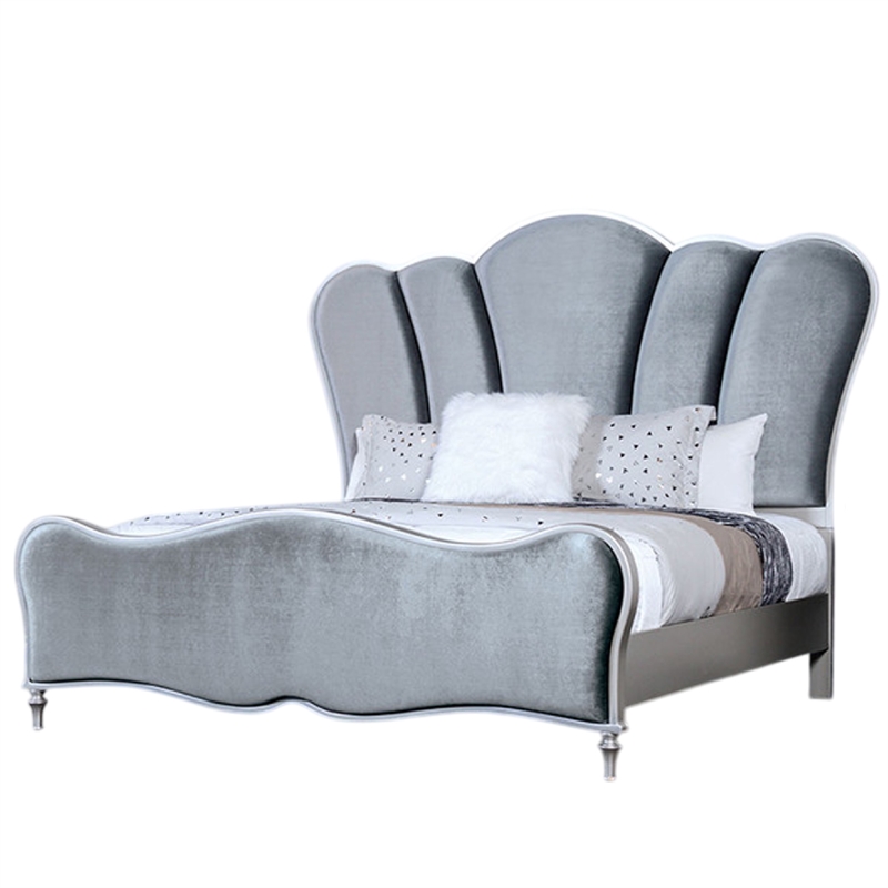 Eleena King Bed-Scalloped Padded Channel Tufting-Silver Upholstery
