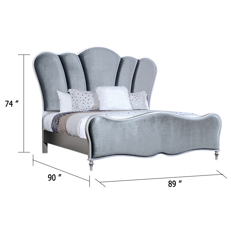 Eleena King Bed-Scalloped Padded Channel Tufting-Silver Upholstery