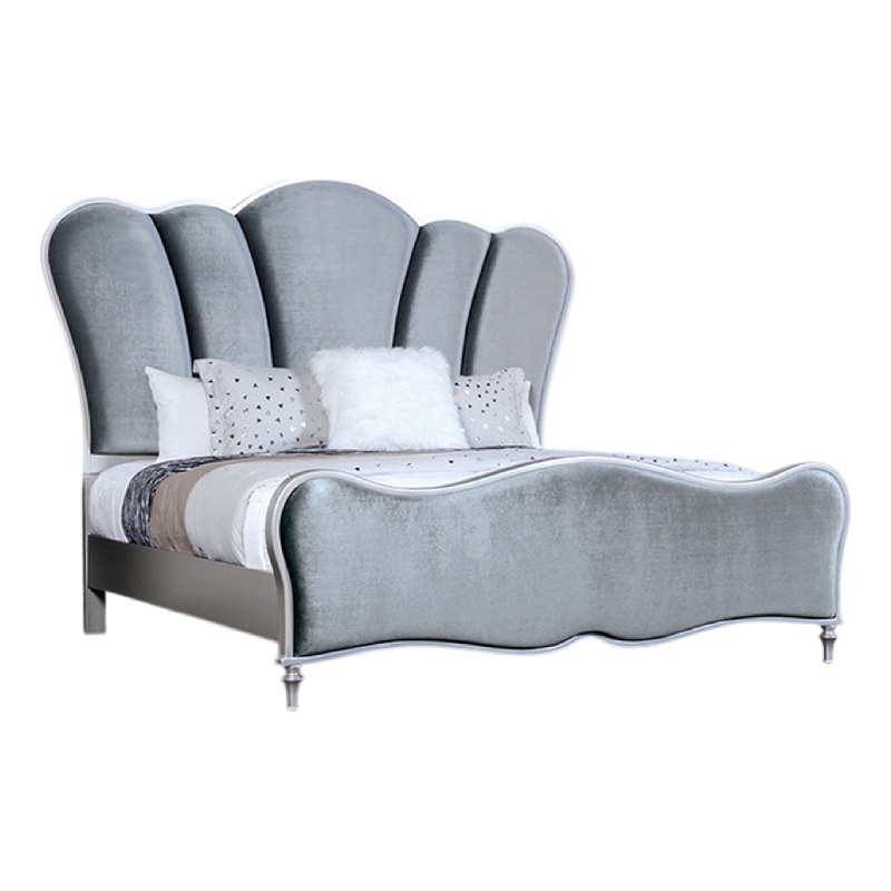 Eleena King Bed-Scalloped Padded Channel Tufting-Silver Upholstery
