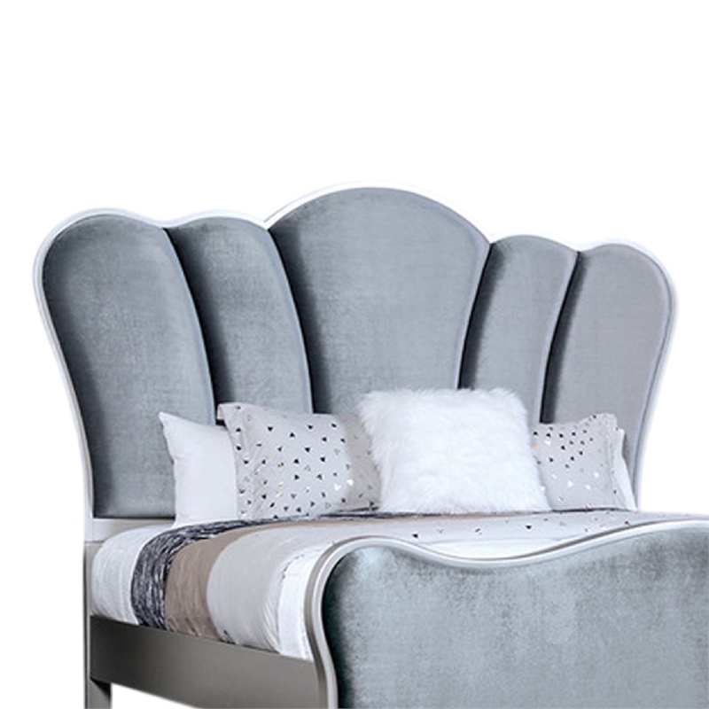 Eleena Queen Bed-Scalloped Padded Channel Tufting-Silver Upholstery