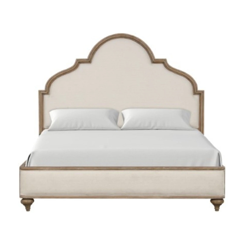 Lyla Queen Bed-Scalloped Ivory Upholstery-Rustic Oak Solid Wood