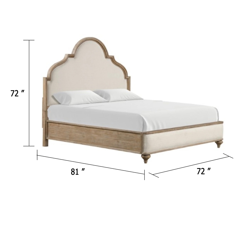 Lyla Queen Bed-Scalloped Ivory Upholstery-Rustic Oak Solid Wood