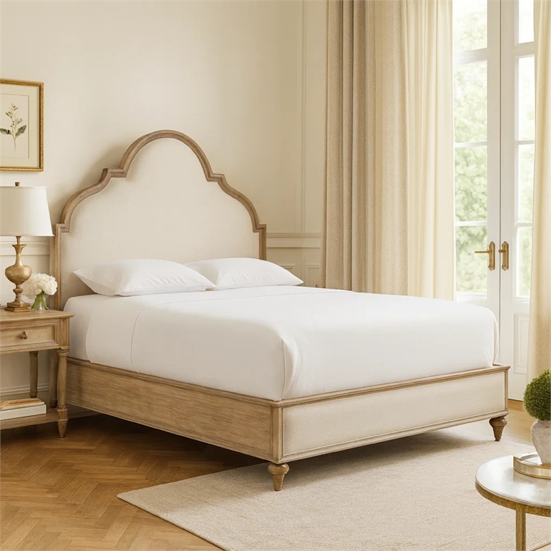 Lyla Queen Bed-Scalloped Ivory Upholstery-Rustic Oak Solid Wood