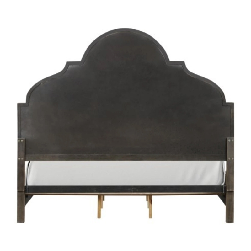 Lyla Queen Bed-Scalloped Ivory Upholstery-Rustic Oak Solid Wood