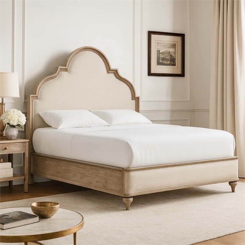 Lyla Queen Bed-Scalloped Ivory Upholstery-Rustic Oak Solid Wood