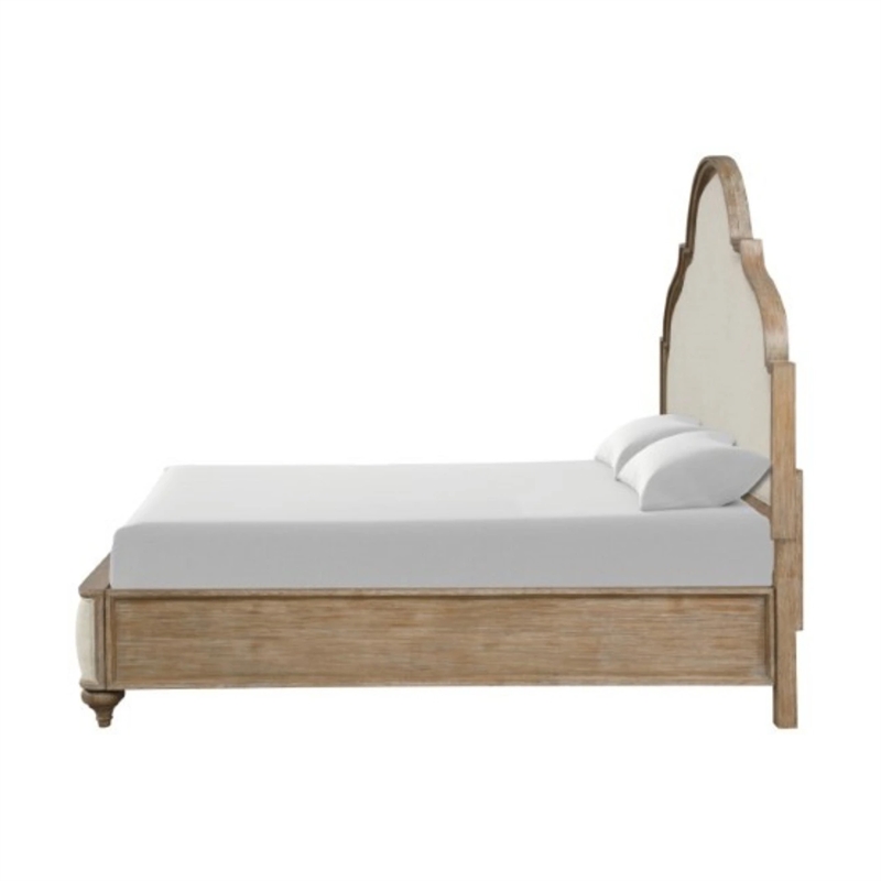 Lyla Queen Bed-Scalloped Ivory Upholstery-Rustic Oak Solid Wood