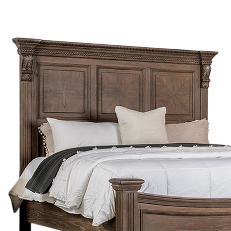 Reven Queen Bed-Weathered Oak Solid Wood-Intricate Carved Details