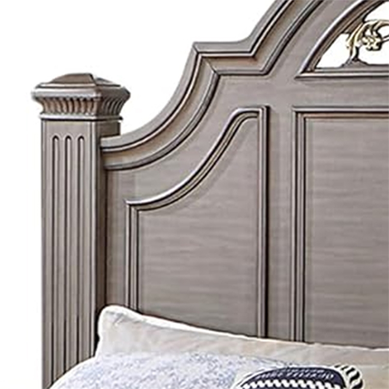 Recus King Bed-Carved Floral Details-Arched Headboard-Gray Wood