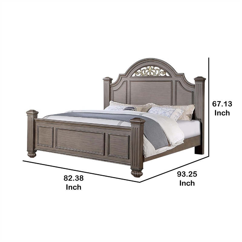 Recus King Bed-Carved Floral Details-Arched Headboard-Gray Wood