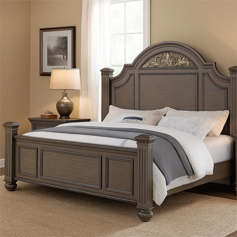 Recus King Bed-Carved Floral Details-Arched Headboard-Gray Wood