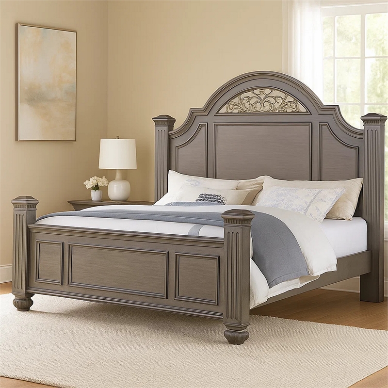 Recus King Bed-Carved Floral Details-Arched Headboard-Gray Wood