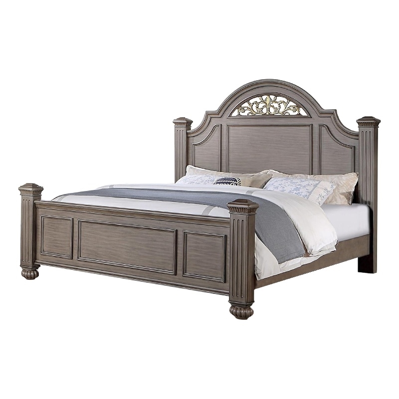 Recus King Bed-Carved Floral Details-Arched Headboard-Gray Wood