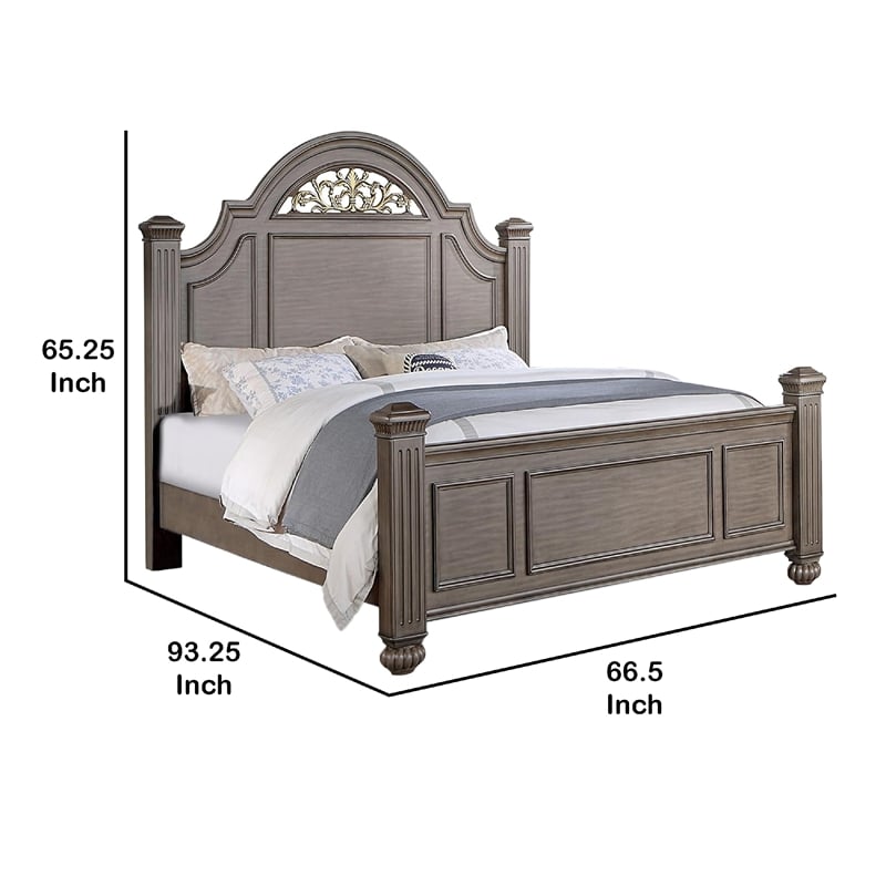 Recus Queen Bed-Carved Floral Details-Arched Headboard-Gray Wood