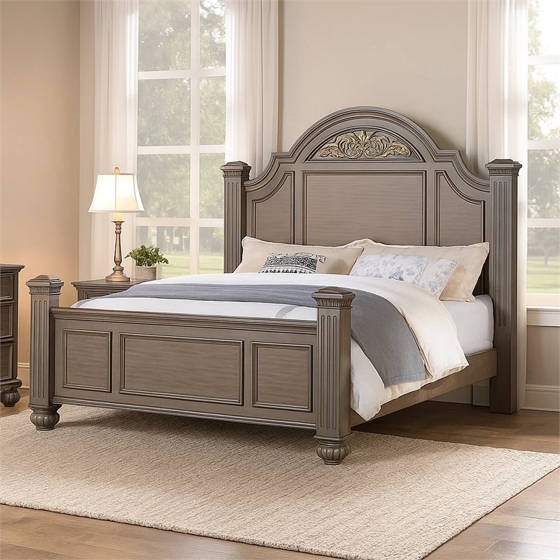 Recus Queen Bed-Carved Floral Details-Arched Headboard-Gray Wood