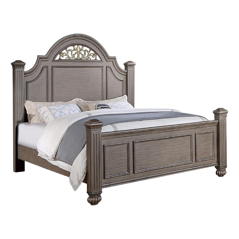 Recus Queen Bed-Carved Floral Details-Arched Headboard-Gray Wood