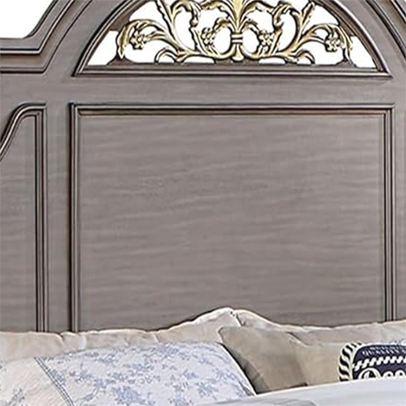Recus Queen Bed-Carved Floral Details-Arched Headboard-Gray Wood