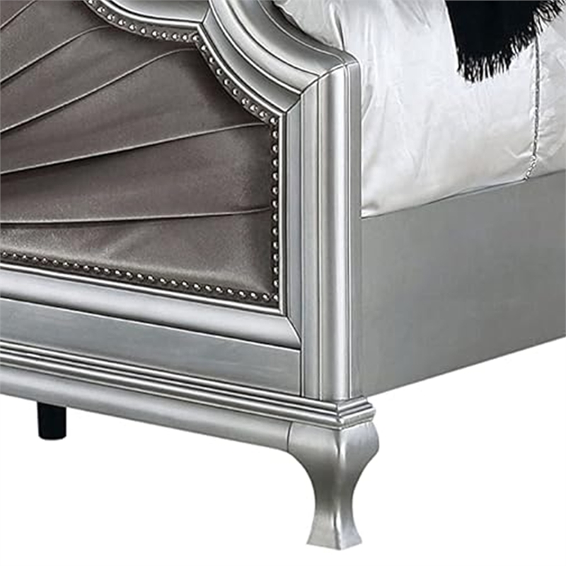Xan Cal. King Bed-Silver Wood-Gray Pleated Velvet Upholstery