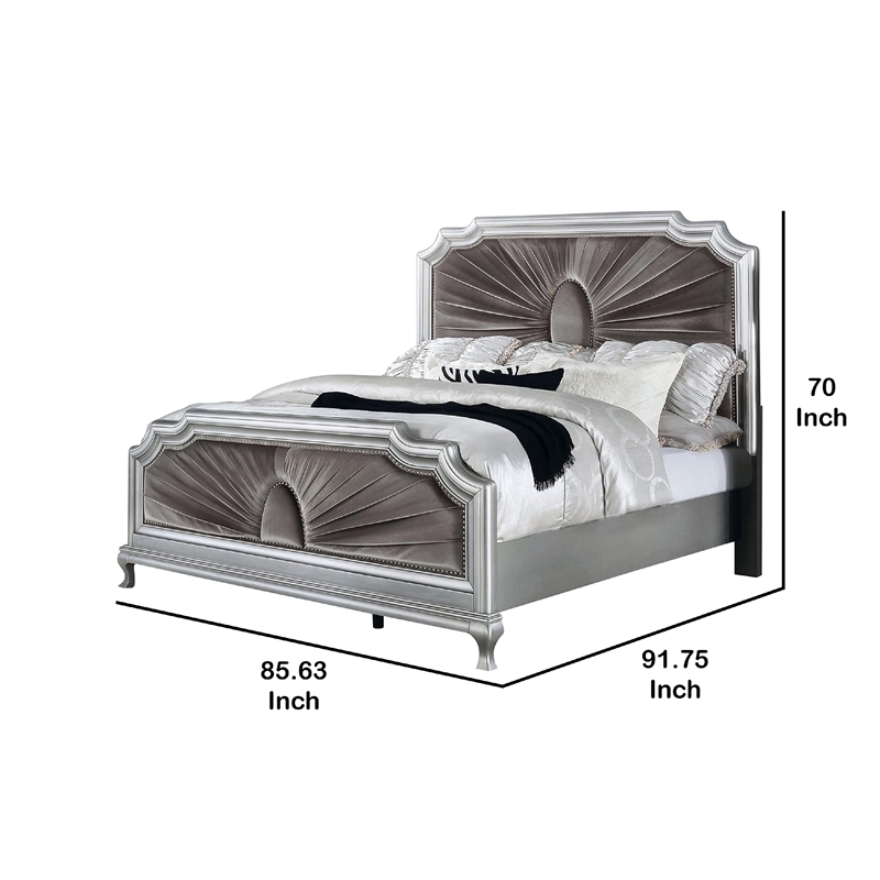 Xan Cal. King Bed-Silver Wood-Gray Pleated Velvet Upholstery