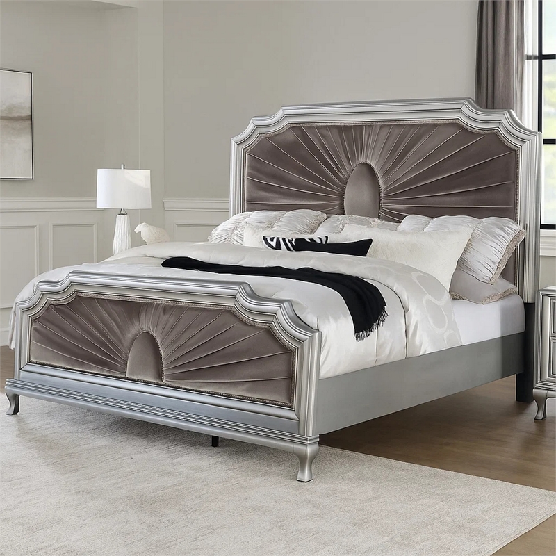 Xan Cal. King Bed-Silver Wood-Gray Pleated Velvet Upholstery