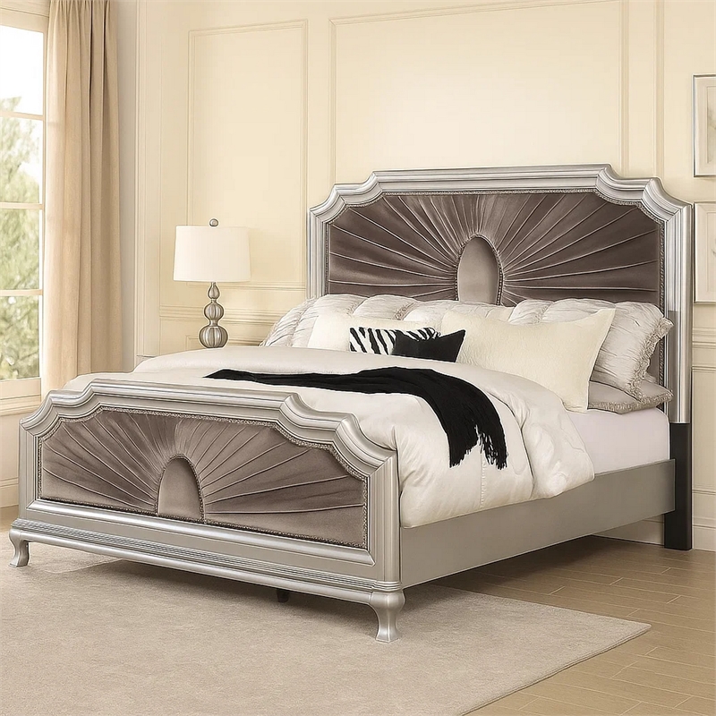 Xan Cal. King Bed-Silver Wood-Gray Pleated Velvet Upholstery